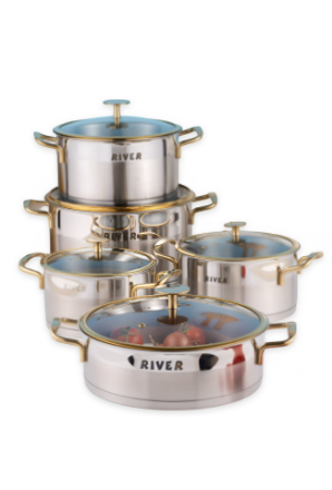 سرویس قابلمه 10 پارچه ریور استیل دسته استیل طلایی