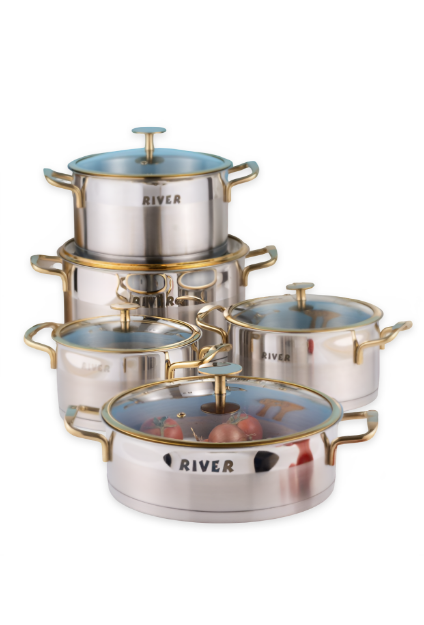 سرویس قابلمه 10 پارچه ریور استیل دسته استیل طلایی