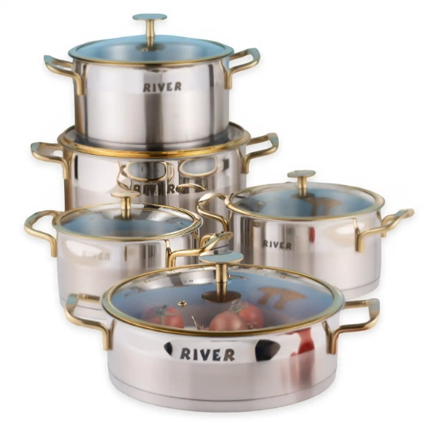 سرویس قابلمه 10 پارچه ریور استیل دسته استیل طلایی
