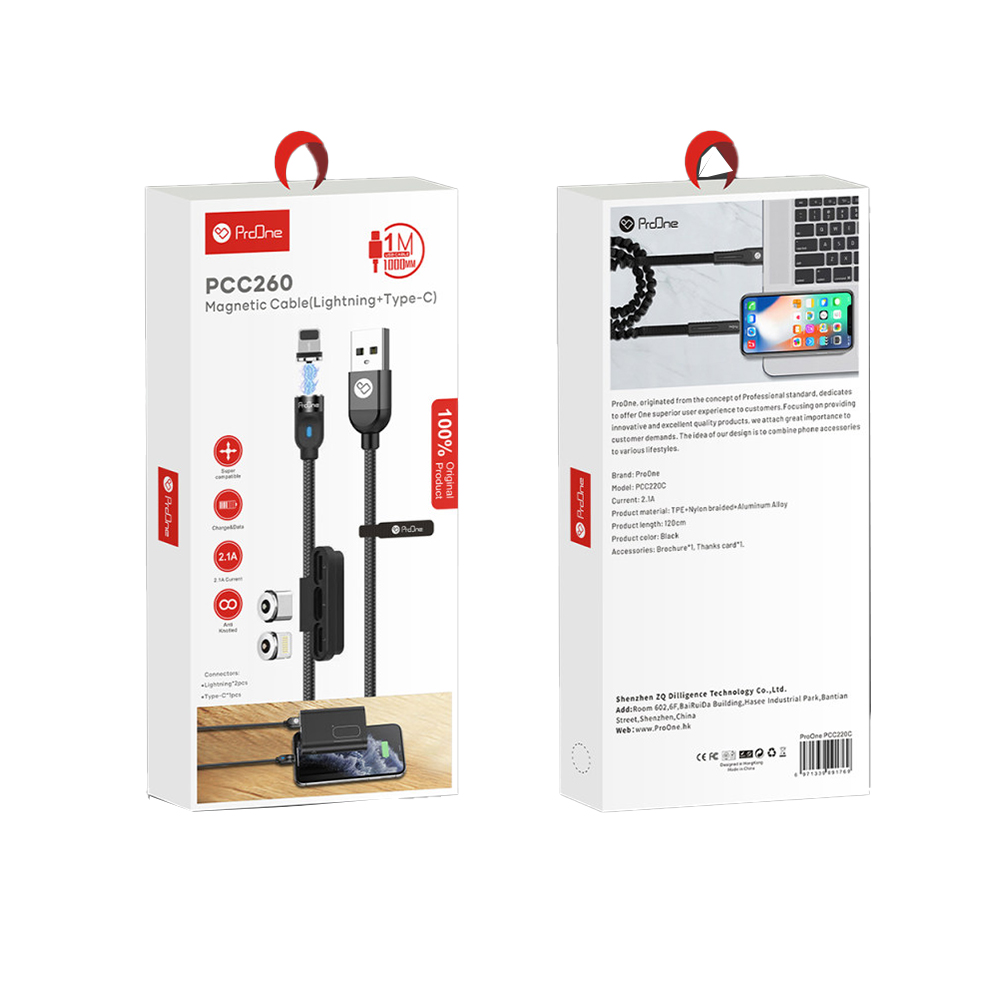 کابل تبدیل مغناطیسی USB به USB-C و لایتنینگ پرووان مدل PCC260 نمای جعبه